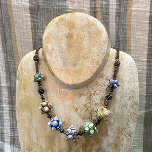 Lampwork glass bead silvertone necklace multiple bright colors
Unmarked